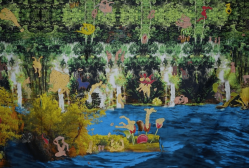 Roots Remembered As The Landscape Twisted, 2024, textile and video installation, textile painting, patchwork with seeds and embroidery on designed printed fabric and fibre-filled objects, 250 x 365 cm