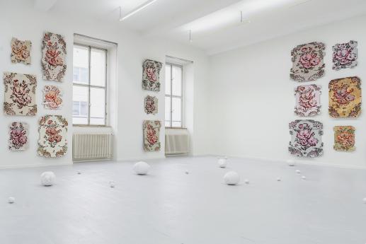 Delightful Escape, 2023, Installation of oil and tempera paintings on unfolded transportation boxes and glazed ceramics, 130 m2