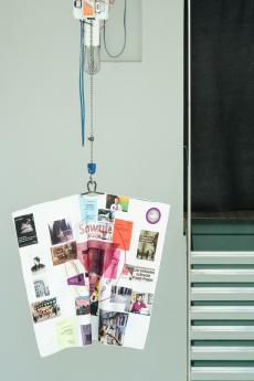 "Kakadu (Costume I)", 2022, digital and silkscren print on fabric, metall, 150 x 150 cm, installation view "Turning Power Into Pain", Kunst Meran, Italy