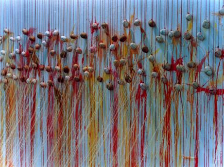 Detail, Harp, 1996, canvas, candles, eggs full of colour, dimensions variable